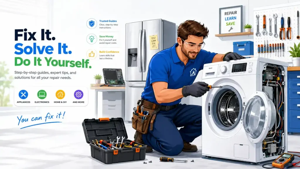 DIY repair illustration showing a technician using tools to fix household appliances in a bright workshop