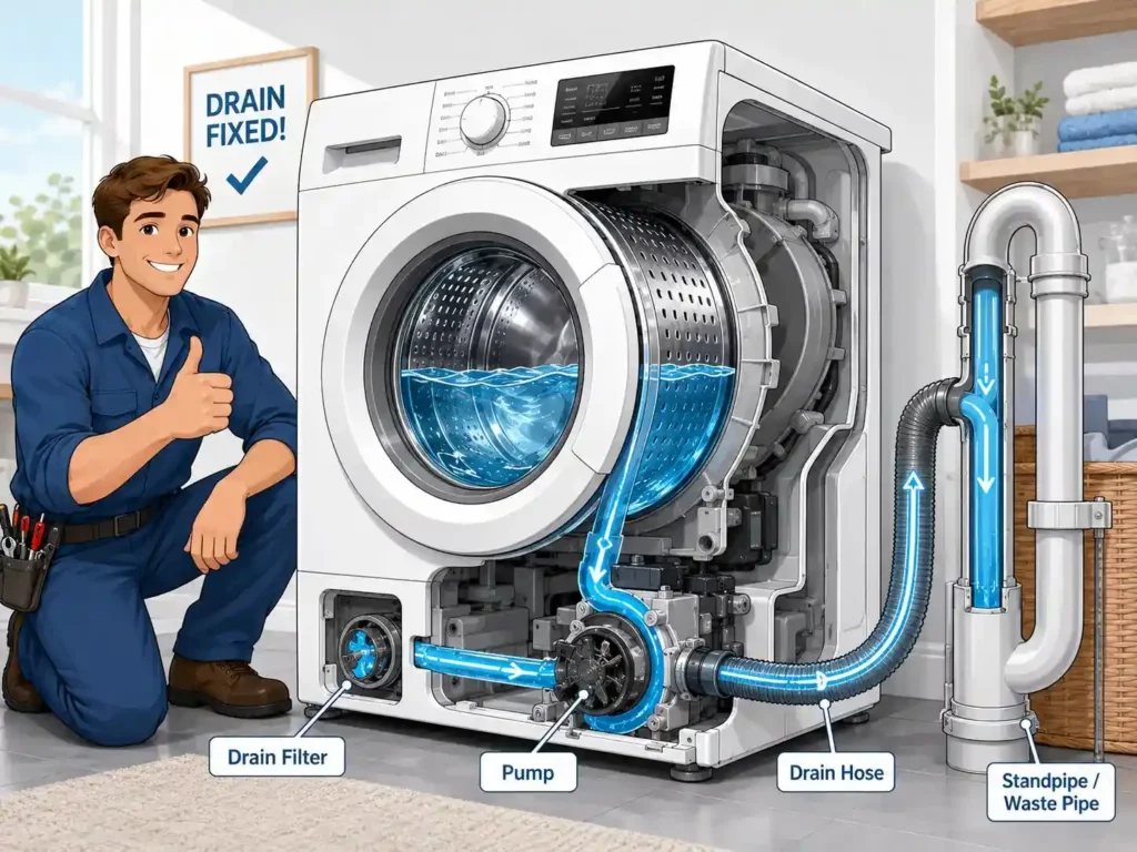 washing machine not draining fixed with water flowing properly through the drain hose and outlet