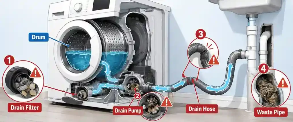 Washing machine not draining diagram showing filter, pump, drain hose and waste pipe blockages