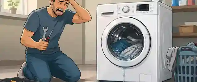 Washing machine not draining as worried man checks the washer with repair tools