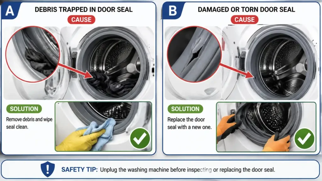 Why is my washing machine leaking from the door seal showing trapped debris and a torn gasket