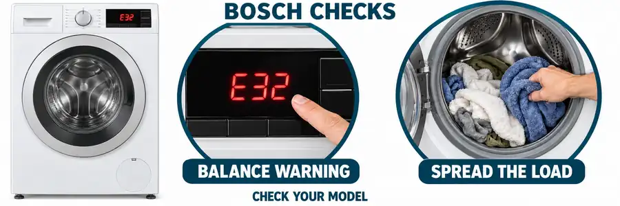 Washing machine shaking violently: Bosch example with an enlarged E32 balance warning and a hand redistributing laundry.