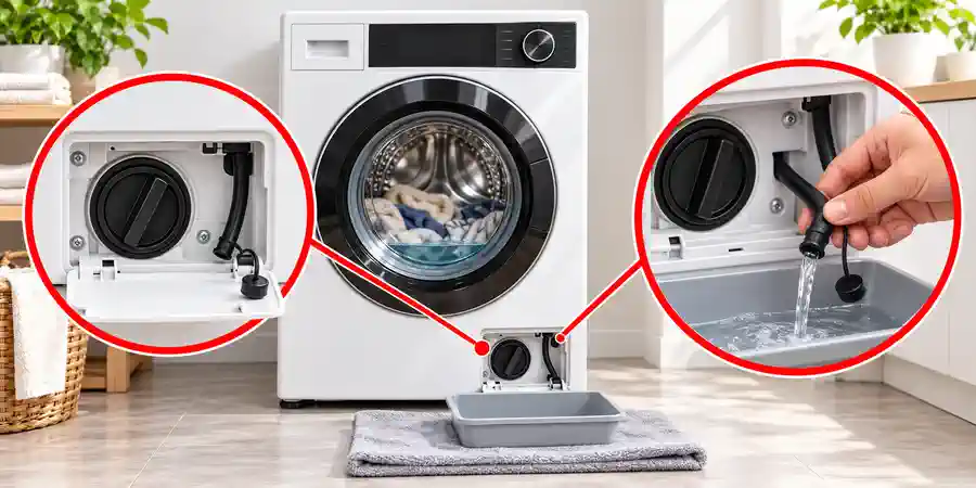 How to unlock a washing machine door – emergency drain hose releasing trapped water into a shallow tray