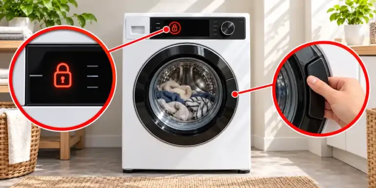How to unlock a washing machine door – lock indicator and door handle magnified