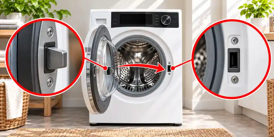 How to unlock a washing machine door – door hook and interlock mechanism shown in magnified cutouts