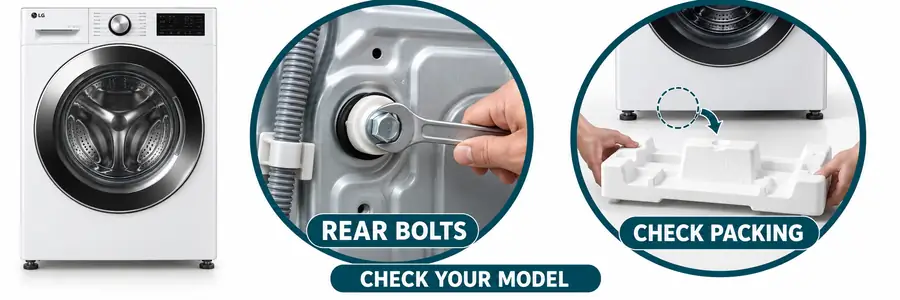 Washing machine shaking violently: LG example with enlarged rear transit-bolt removal and detached foam transport packing.