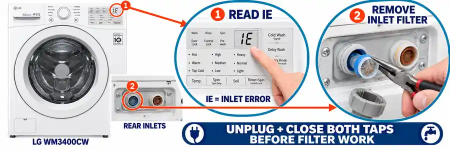 Washing machine not filling with water: LG WM3400CW with an enlarged IE warning and a hand using pliers to remove the rear inlet filter.