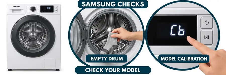 Washing machine shaking violently: Samsung example showing drum-emptying preparation and an enlarged Cb calibration display.