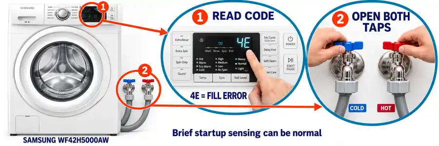 Washing machine not filling with water: Samsung WF42H5000AW with enlarged 4E error display and hand demonstrations checking both supply taps.