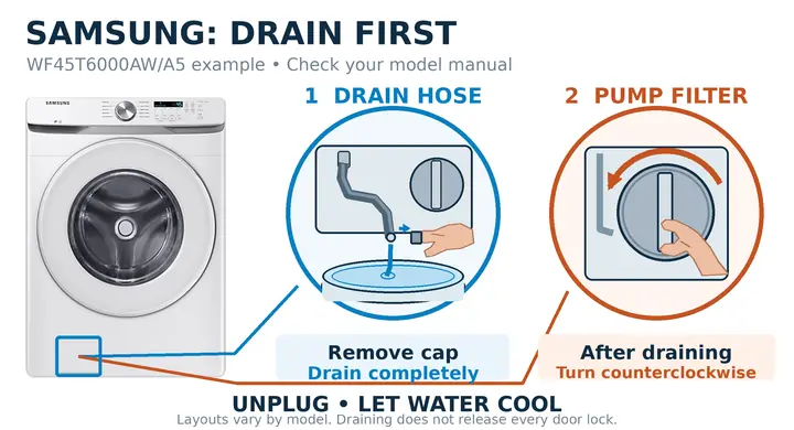 Washer won't unlock: Samsung WF45T6000AW/A5 with enlarged views of the emergency drain hose and pump filter.