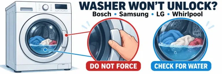 Washer won't unlock: front-loading washing machine with enlarged views of the door handle and water remaining in the drum.