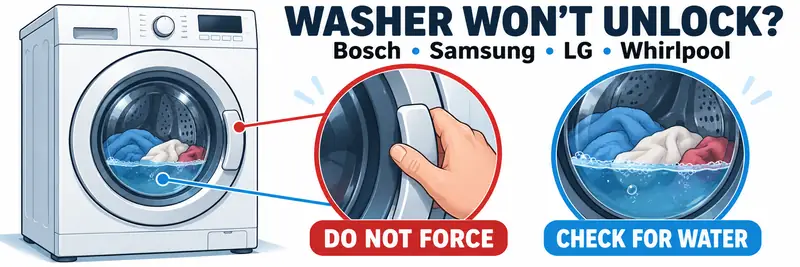 Washer won't unlock: front-loading washing machine with enlarged views of the door handle and water remaining in the drum.
