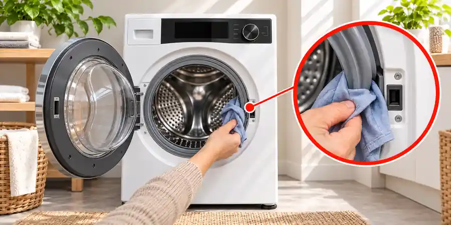 Washing machine won't turn on – clothing trapped beside the door latch
