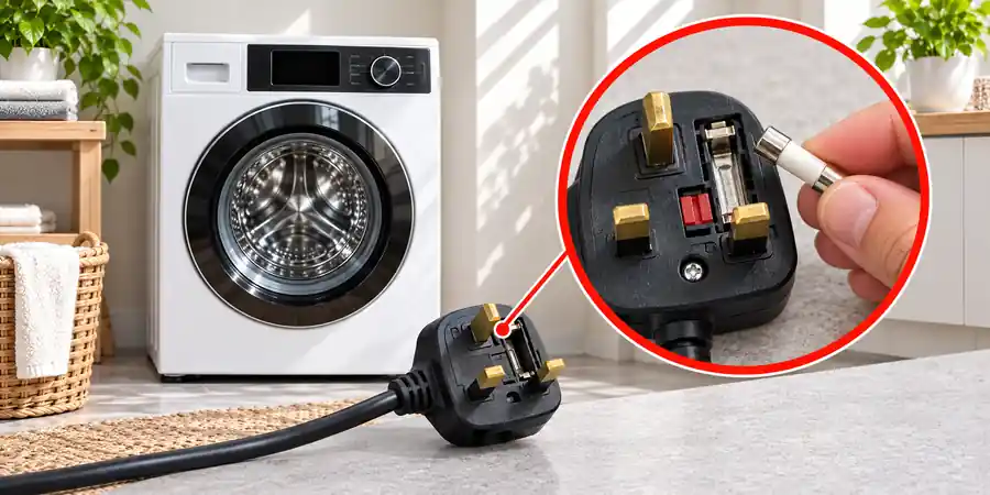 Washing machine won't turn on – UK plug fuse being checked