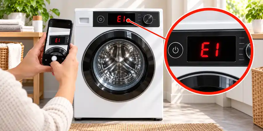 Washing machine won't turn on – E1 error code displayed and photographed