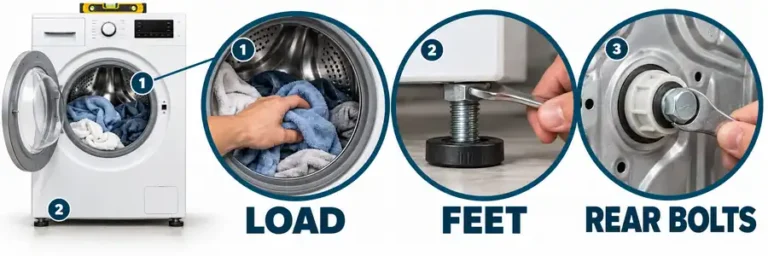 Washing machine shaking violently: enlarged views show balancing laundry, adjusting a levelling foot with a spanner and removing a rear transit bolt.