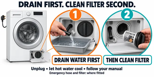 Washing machine stops mid cycle: zoomed views of an emergency drain hose emptying into a tray and a removed pump filter.