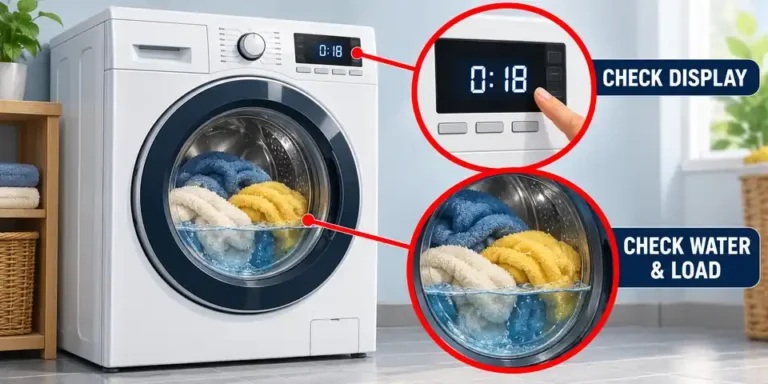 Washing machine stops mid cycle — front-loading washer with cut-out zooms showing the display, water level and bundled laundry.