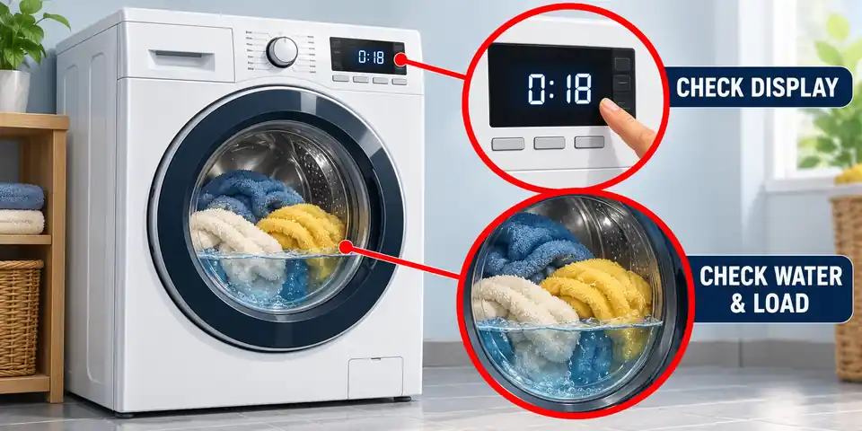 Washing machine stops mid cycle — front-loading washer with cut-out zooms showing the display, water level and bundled laundry.