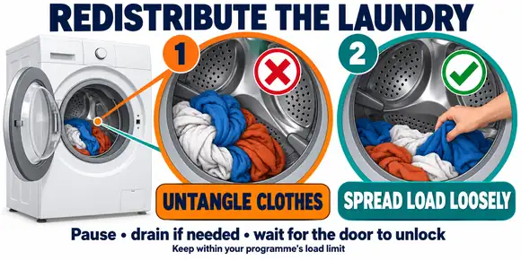 Washing machine stops mid cycle: enlarged drum views showing bunched clothes and a hand separating laundry to spread the load.