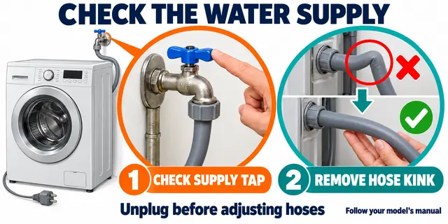 Washing machine stops mid cycle: enlarged views of the supply tap and a kinked inlet hose corrected to a gentle curve.