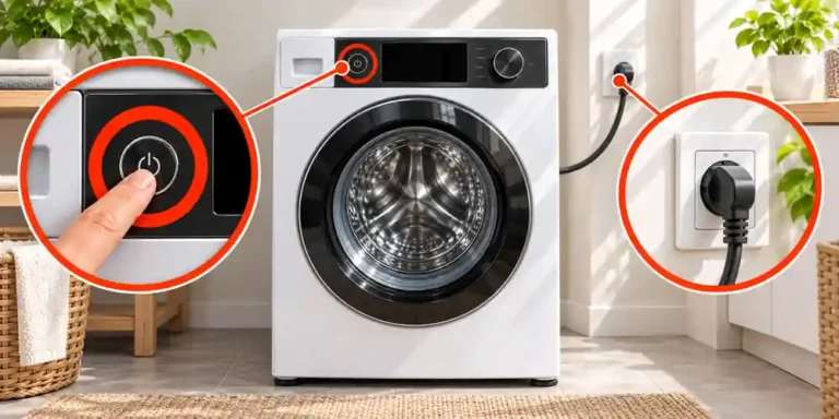 Washing machine won’t turn on, with the power button and wall plug magnified