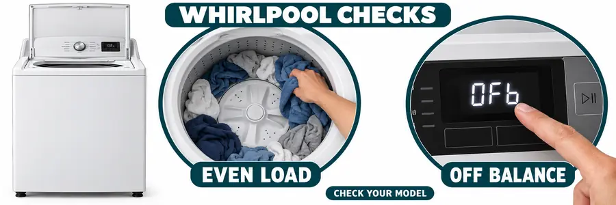Washing machine shaking violently: Whirlpool top-load example showing laundry around a washplate and an enlarged OFb balance warning.